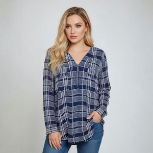 Studio Works Large Blue White Plaid Long Sleeve V-neck Half Zip Blouse